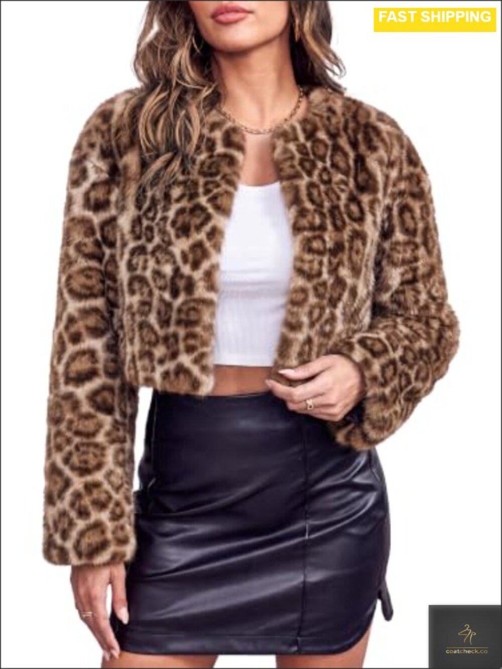 Womens Cropped Faux Fur Jacket Long Sleeve Fluffy Shaggy Coat